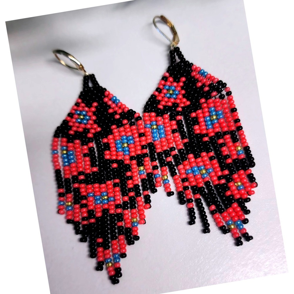 Coral Pink Black Floral Seed Bead Earrings Fringe Dangle.